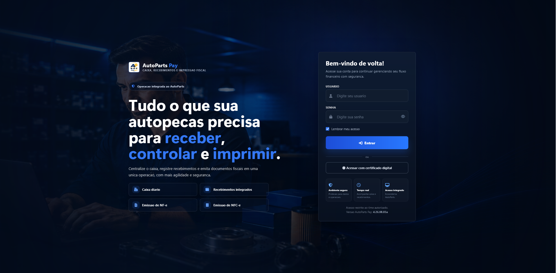 Tela de login do AutoParts Pay