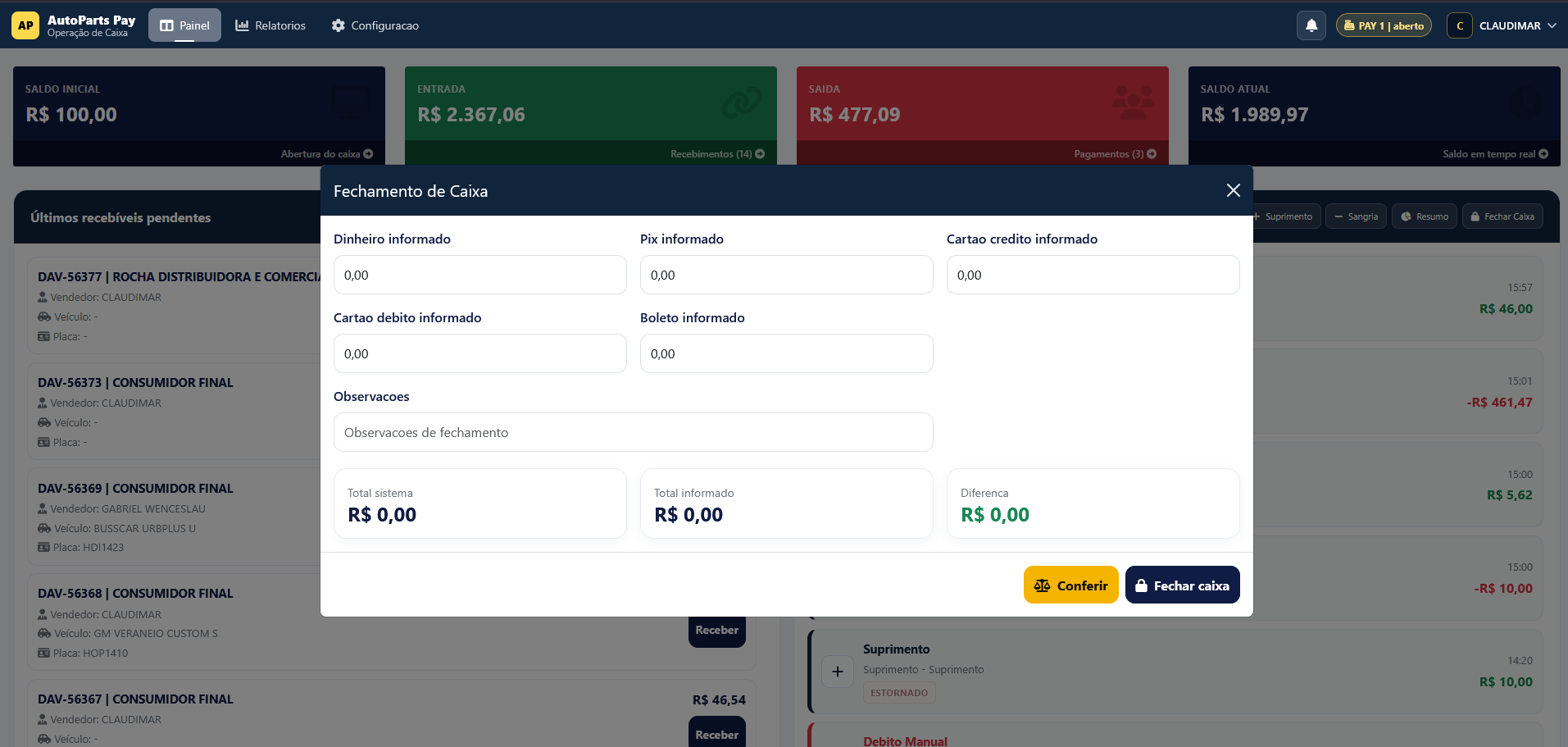 Tela AutoParts Pay para recebimentos